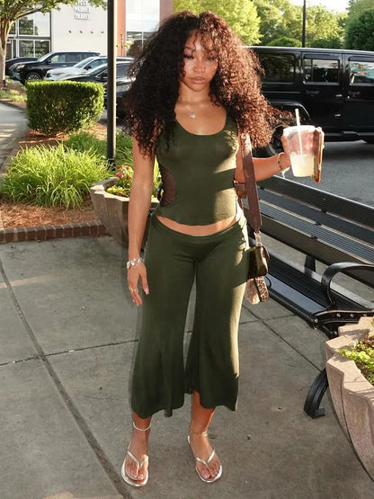 Leisure 2-Piece Set Women Patchwork Mesh u-Neck Vest+Flared Pant Legs Short Classic Simple Summer Fashion Streetwear