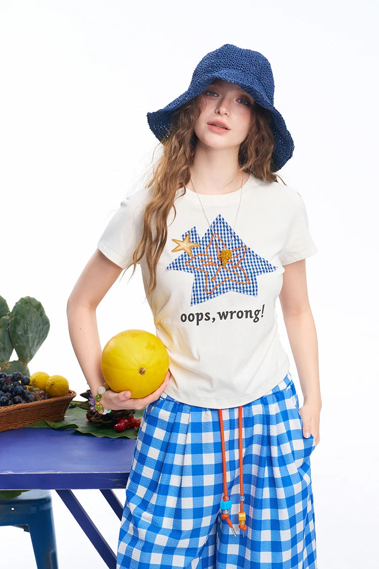 Women's Star Letter Print Raglan Sleeve Crop Tee, Side Ruched Crew Neck Slim Short Sleeve T-shirt for Daily Casual
