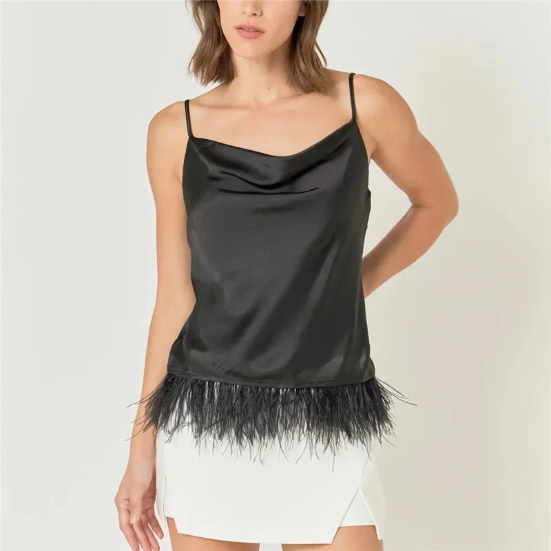 Women Feather Tank Top Summer High Street Sleeveless Fluffy Fur Cami Tops Flowy Fringe Y2k Going Out Crop Tops
