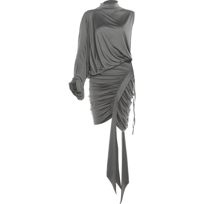 Sexy Irregular 2-Piece Set Women One shoulder Top+Shirring Ruched Peach Hip Skirt Matching Streetwear Elegant Outfits