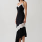 Women Spaghetti Strap V‑Neck Sexy Midi Dress Contrast White Lace Patchwork Ruffle Hem Bodycon Party Evening Dresses