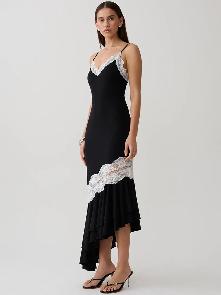 Women Spaghetti Strap V‑Neck Sexy Midi Dress Contrast White Lace Patchwork Ruffle Hem Bodycon Party Evening Dresses