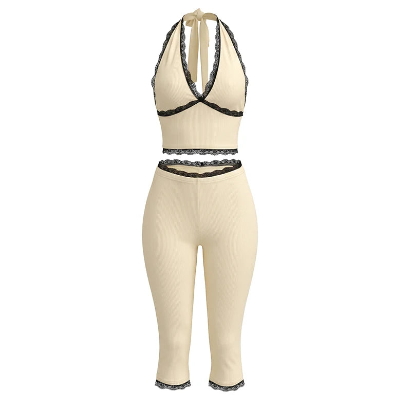 Patchwork Lace 2piece Set Women Halter Bandge Bckless v-Neck Vest+Elastic Waist Short Sexy Stretch Fashion Streetwear