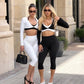3 Piece Athletic Sets Woman Long Sleeve Cropped Tops Sports Bra and Capri Leggings Matching Sets Fall Outfits
