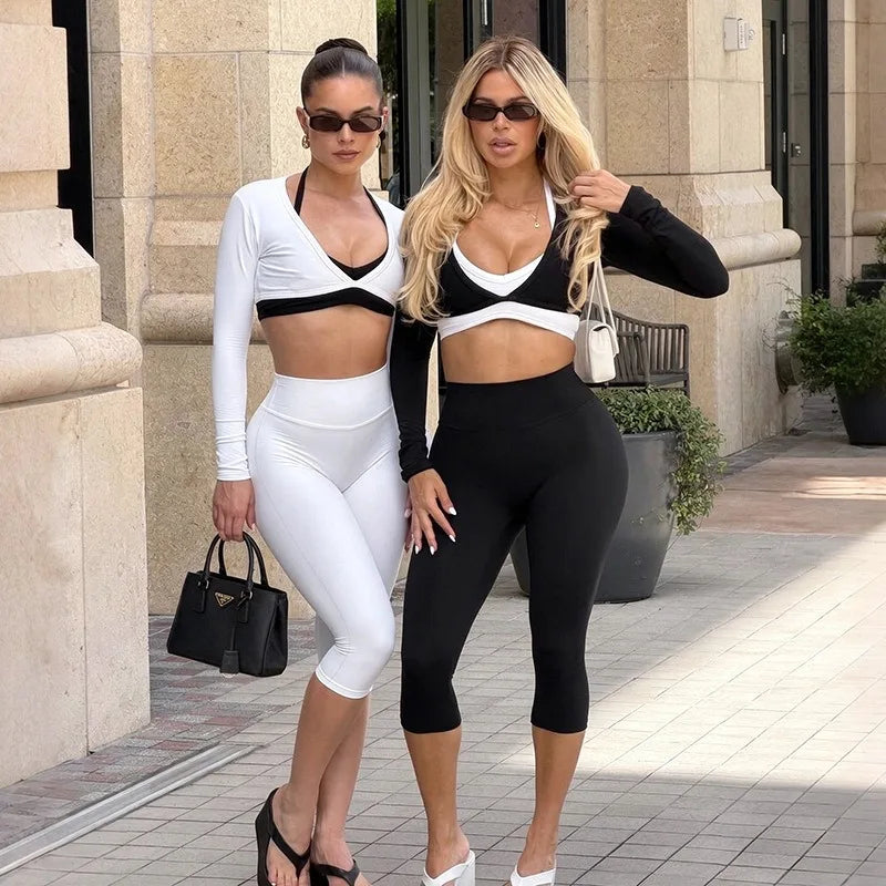 3 Piece Athletic Sets Woman Long Sleeve Cropped Tops Sports Bra and Capri Leggings Matching Sets Fall Outfits