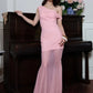 One Shoulder Fishtail Maxi Dress for Woman Elegant See Through Mesh Patchwork Pink Party Dresses