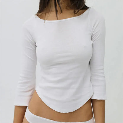 Solid Coquette Aesthetic 3/4 Sleeve Boat Neck Top Ribbed Knit Cropped Tee Lace Trim Curved Hem Y2K Slim Fit Streetwear