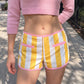 Retro Y2K Women Vertical Striped Low Rise Hot Pants Contrast Color Edge Fake Pockets Front Zip Slim Fit Mini Shorts