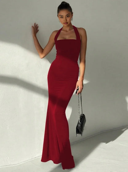 Square Neck Backless Fishtail Maxi Dress Elegant Black Evening Dresses for Woman for Party Wedding Guest
