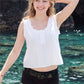 Women Ruffle Trim Sleeveless Cropped Tank Top U‑Neck Pleated Half Button Blouse Vintage Summer Casual Daily Vest Tops