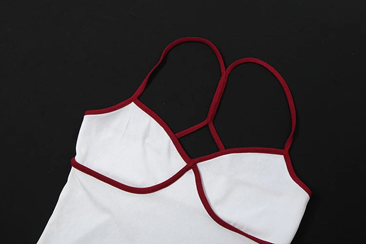 Color Blocking Sweet 2-Piece Set Women Low-Neck Backless Camisole+Elastic Waist Mini Shorts Daily Matching Simple Suits