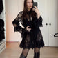 Women Lace Sheer Dress Sexy See Through Mesh Long Sleeve High Neck Floral Cover Up Cocktail Party Mini Dresses