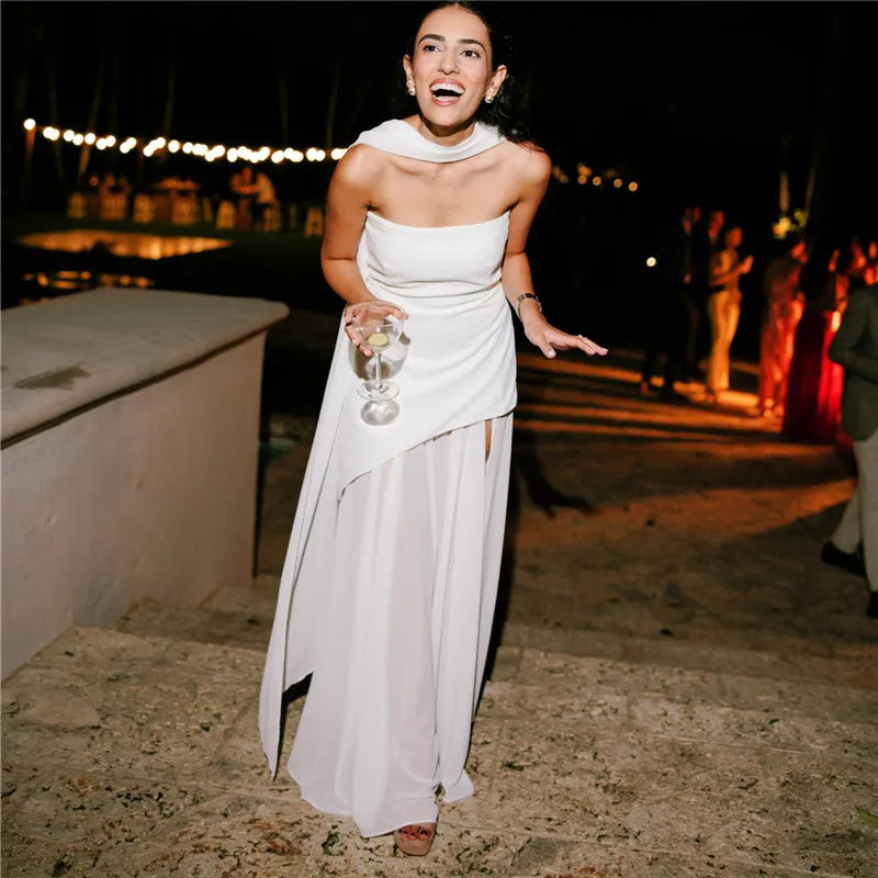 Women Strapless Long Dress with Neck Scarf Off Shoulder Sleeveless Backless High Split Mesh Flowy Tube Top Party Dresses