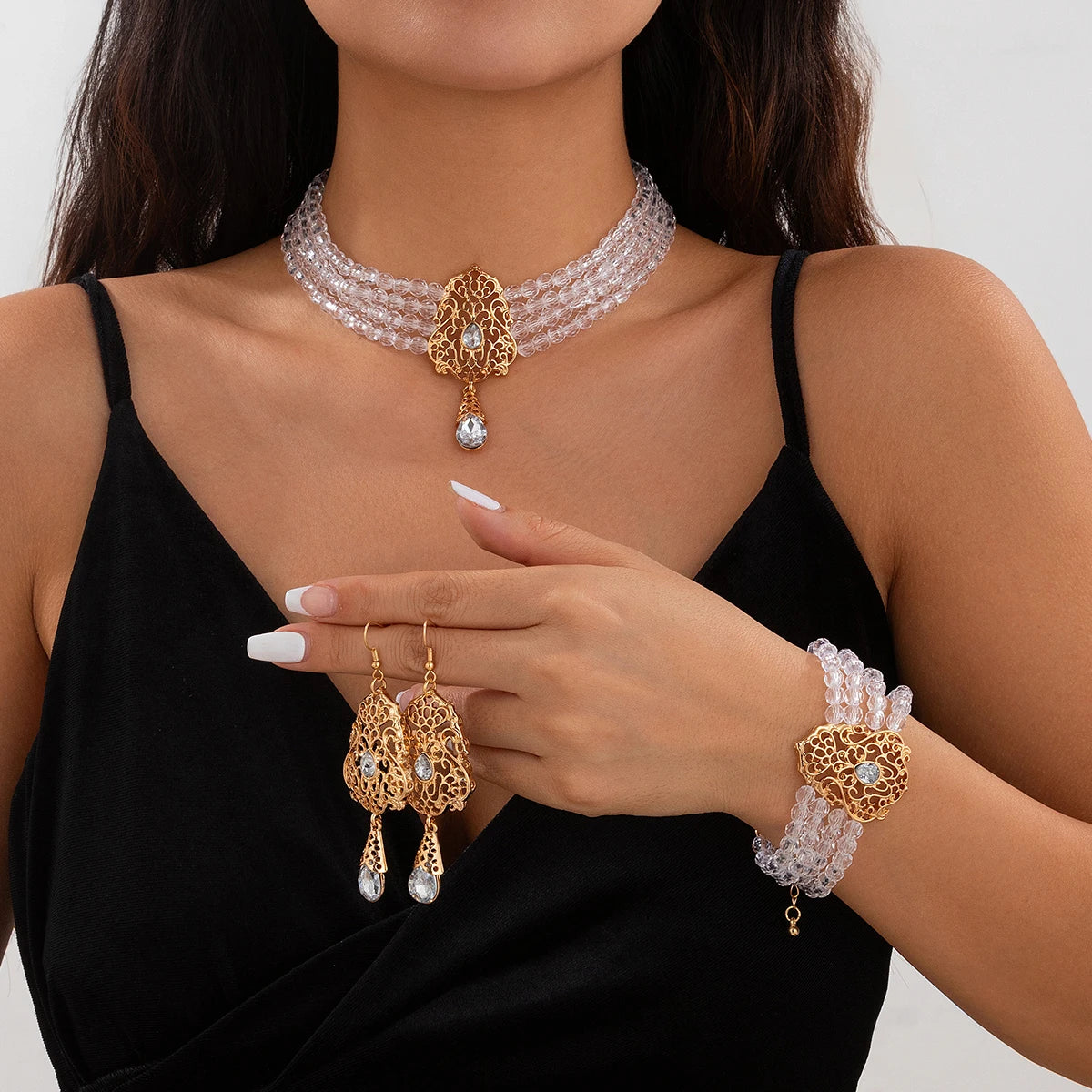 Goth Multilayer Crystal Chain Necklace Bracelet Drop Earrings for Women Temperament Jewelry Set Halloween Accessories