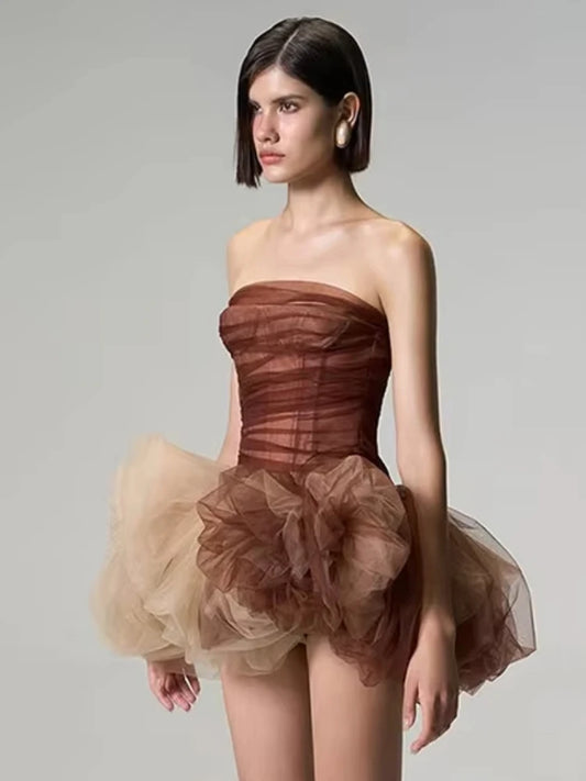 Hottie 2 Piece Set Women Y2K Mesh Patchwork Double-Layer Vest+Tierred Puffy Skirt Midnight Sexy Birthday Party Suits