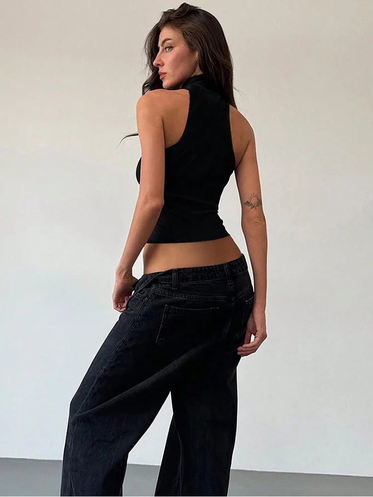 Sexy High Neck Vest Women Metal Rings Skinny Summer Fashion Street Versatile Simple Classic Hottie Midnight Tank Tops