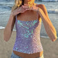 Sequin Crochet Crop Tops Women Summer Beach Knitted Smocked Camis Sparkly Glitter Backless Cover-up Crop Tops Vest