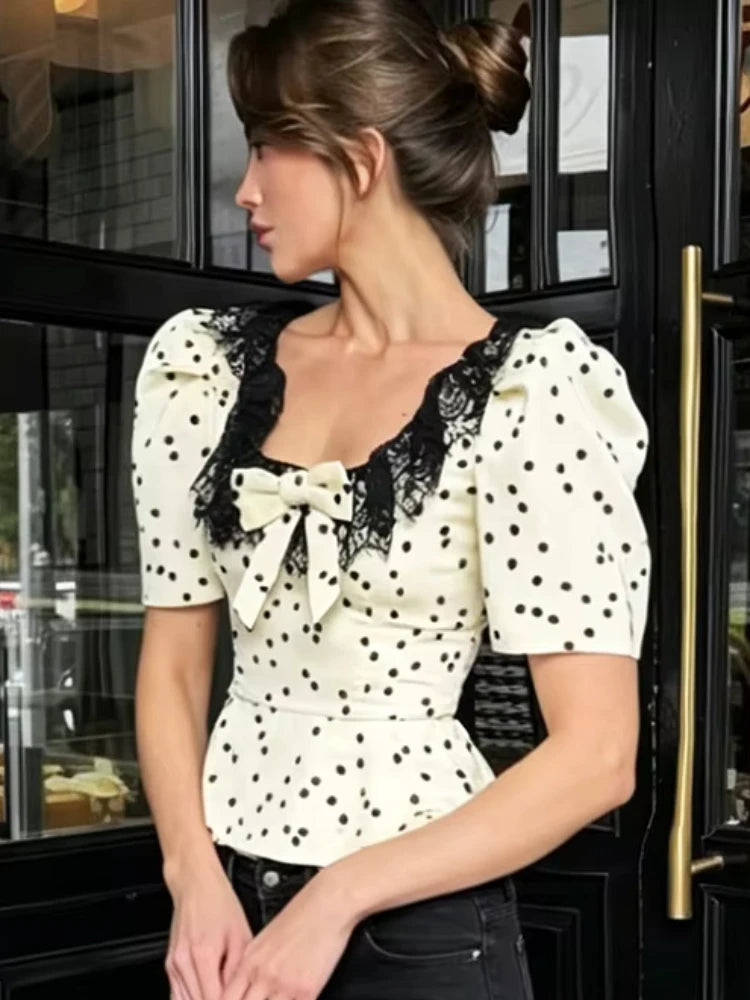 Daily Tank Top Women Sweet Lace Patchwork Trend Bow Applique Polka Dot Print Short Sleeve Patchwork Chic Party Club Tess