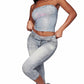 Fake Denim 2 Piece Set Woman Letter Print Wrap Chest Backless Tank Tops+Elastic Waist Crop Pants Sexy Fashion Suits