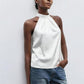 Elegant Satin Halter Neck Tank Tops Women's Sleeveless Solid Color T Shirt Basic Crop Tops Fashion Summer Party Clubwear