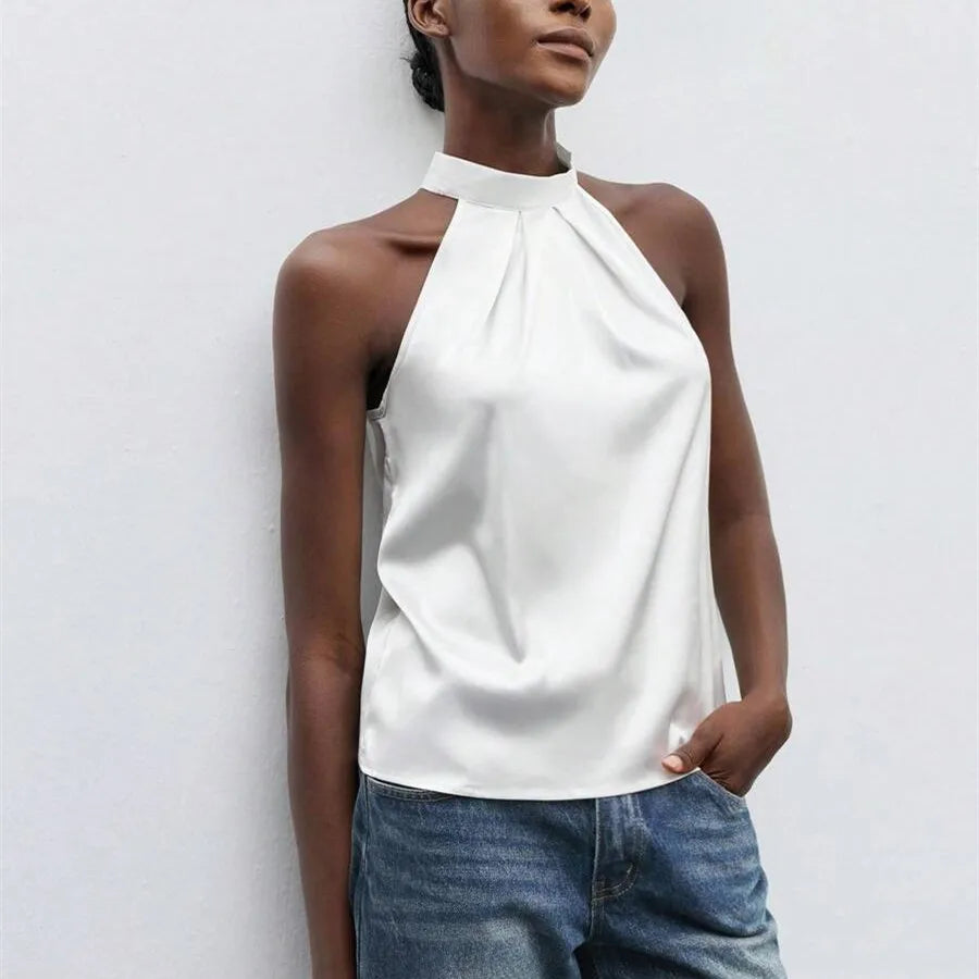 Elegant Satin Halter Neck Tank Tops Women's Sleeveless Solid Color T Shirt Basic Crop Tops Fashion Summer Party Clubwear