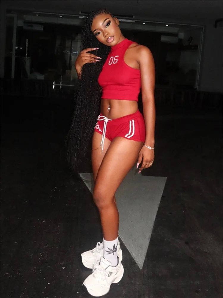 Number Print Fashion Patchwork Sporty 2 Piece Set Women Skinny Crop Tops+Drawstring Shorts Casual Simple Tracksuit