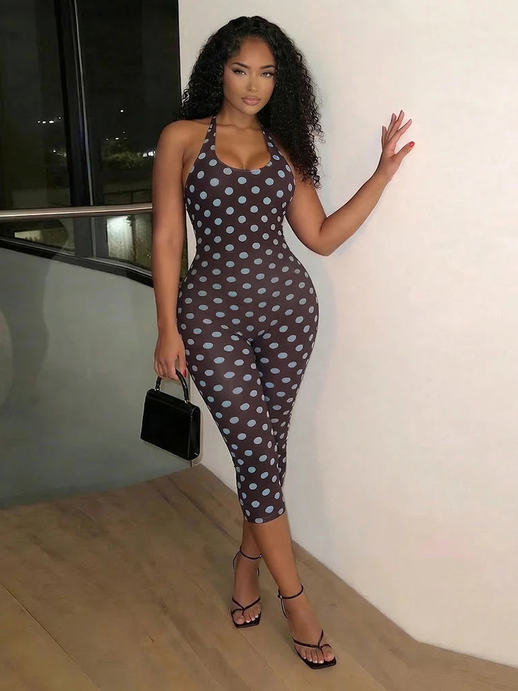 Midnight Romper Women Sexy Backless Halter Fashion Polka Dot Print Low-Neck Bandages Sleeveless Hottie Party Playsuits