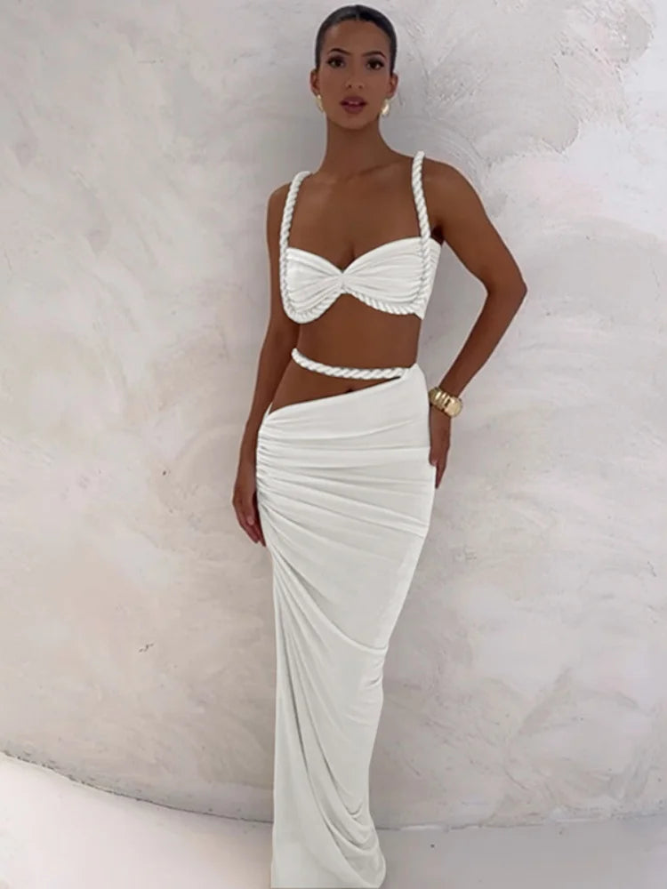 2 Piece Set Twisted Hollowed Out Crop Top and Long Skirt Vacation Outfits Women Summer Beach Party Dress