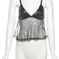 Sequins Patchwork  v-Neck Sexy Women Summer Trend Backless Mesh Camisol Street Midnight Versatile Hottie Classic Tops
