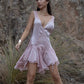 Elegant Silky Satin Mini Dress Women Deep V Neck Backless Sleeveless Irregular Flowy Ruffle Hem Slim Bodycon Short Dress