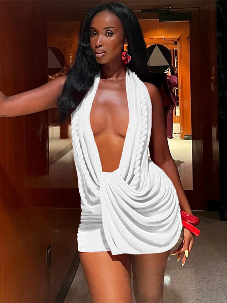 Halter Ruched Dress Women Sexy Whip Knot Backless Patchwork Elegant Stretch Christmas Peach Hip Birthday Mini Bodycon