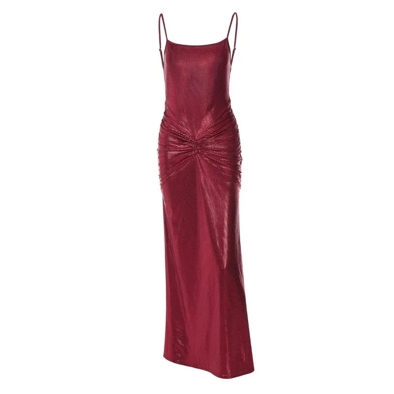 Spaghetti Strap Backless Ruched Maxi Dress Burgundy Black Sparkling Birthday Dresses Luxury Evening Gown