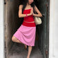 Color Blocking 2-Piece Set Women Low-Neck Skinny Camisole+Patchwork Elastic Waist Skirt Street Vacation Streetwear