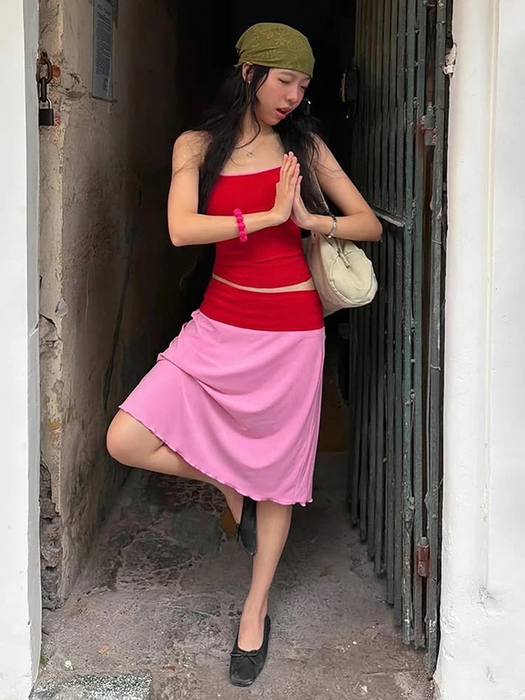 Color Blocking 2-Piece Set Women Low-Neck Skinny Camisole+Patchwork Elastic Waist Skirt Street Vacation Streetwear