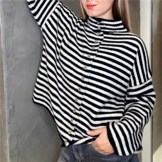 Minimalist Women Striped Knit Cardigan High Neck Full Button Long Sleeve Sweater Loose Fit Casual Fall Winter Knitwear