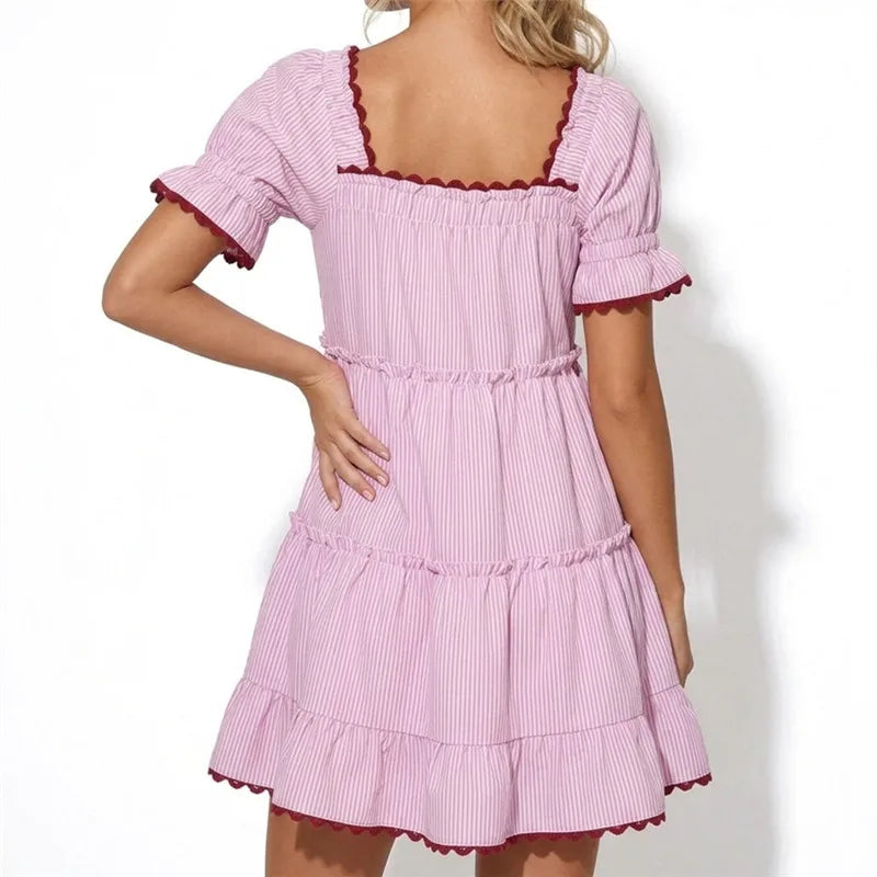 Christmas Plaid Tiered Dress Women Square Neck Puff Sleeve Lace Trim Ruffle Hem A Line Loose Fit Mini Swing Short Dress