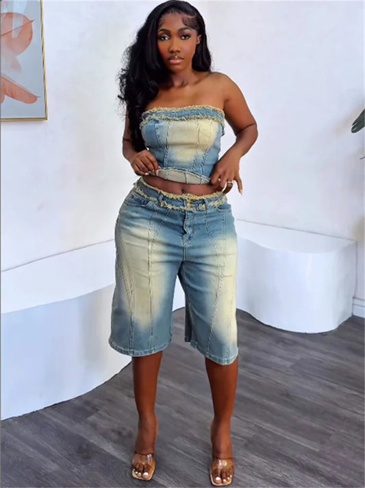 Cowboy 2 Piece Set Women Vintage Hipster Wrap Zip Backless Tube Tops+Button Straight Shorts Sexy Summer Matching Suit