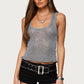 Y2K Sequin Knit Tank Top Vintage Women Square Neck Sheer See THrough Crop Top Summer Camisole Rave Party Clubwear
