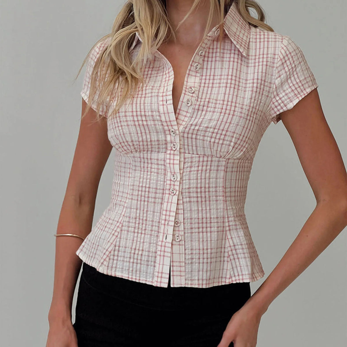 Women's Y2K Short Sleeve Plaid Button Down Shirt Button Down Blouses Tops Casual Summer Shirt Tops 90s Streetwear