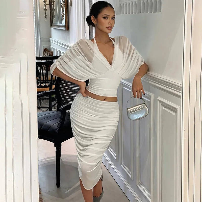 White Mesh Two Piece Set Draped V-neck Batwing Top and Ruched Midi Skirt Sexy Party Outfits for Woman