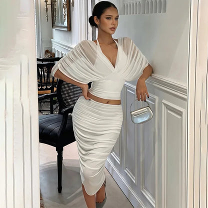 White Mesh Two Piece Set Draped V-neck Batwing Top and Ruched Midi Skirt Sexy Party Outfits for Woman