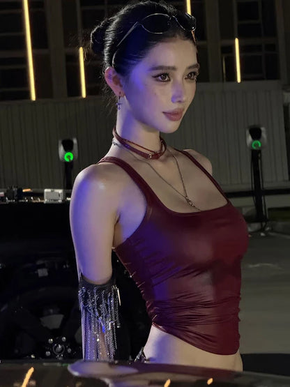 Faux Leather Camisole Tops Women Y2K Coquette Square Collar Skinny Midnight Street Club Trend Hottie Wild Basic Vest