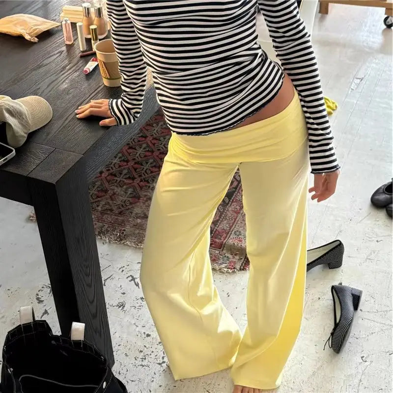 Women Wide Leg Pants Solid Fold Over Waist Casual Trousers Spring Fall Straight Leg Sweatpants Bottoms Y2K Streetwear