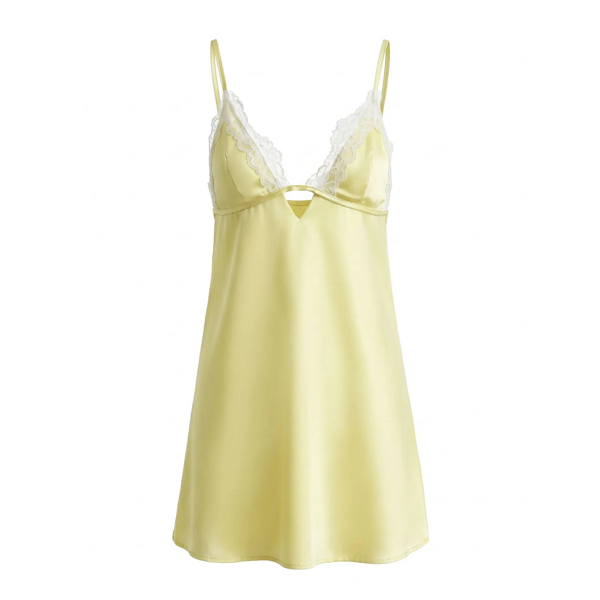 Women Satin Lace Trim Slip Nightgown Deep V Cutout Front Spaghetti Straps Open Back Mini Chemise Sexy Lingerie Dress