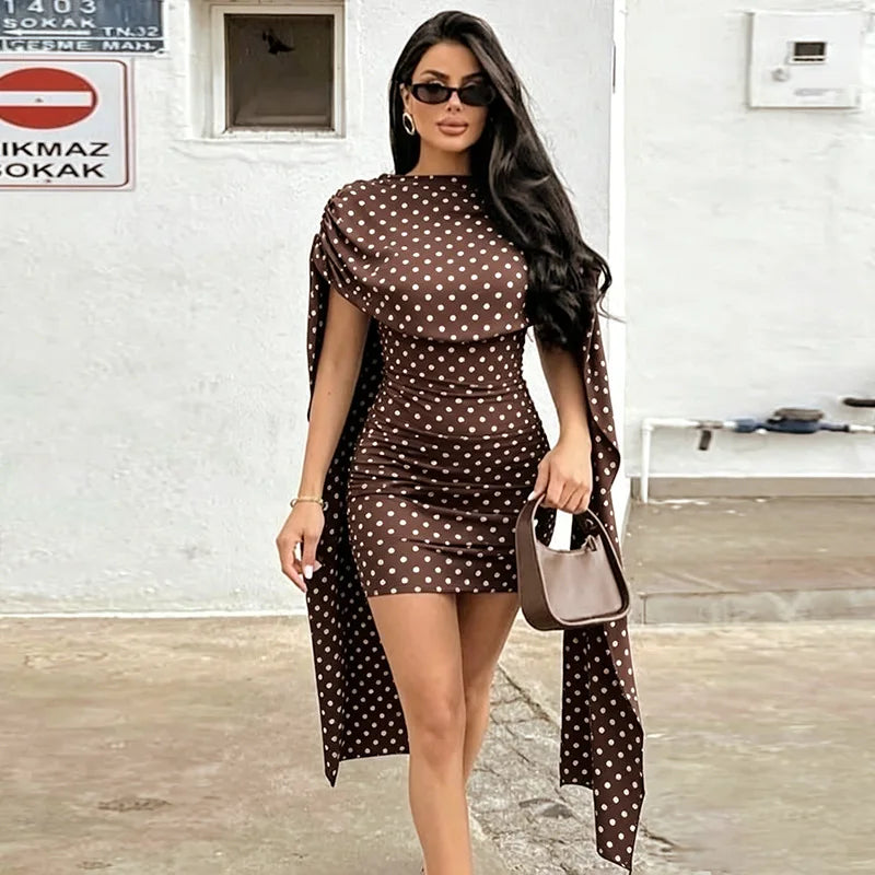 Brown Polka Dot Print Mini Dress with Mesh Cape Sleeves Sexy Birthday Outfits Woman Gown Dresses Elegant
