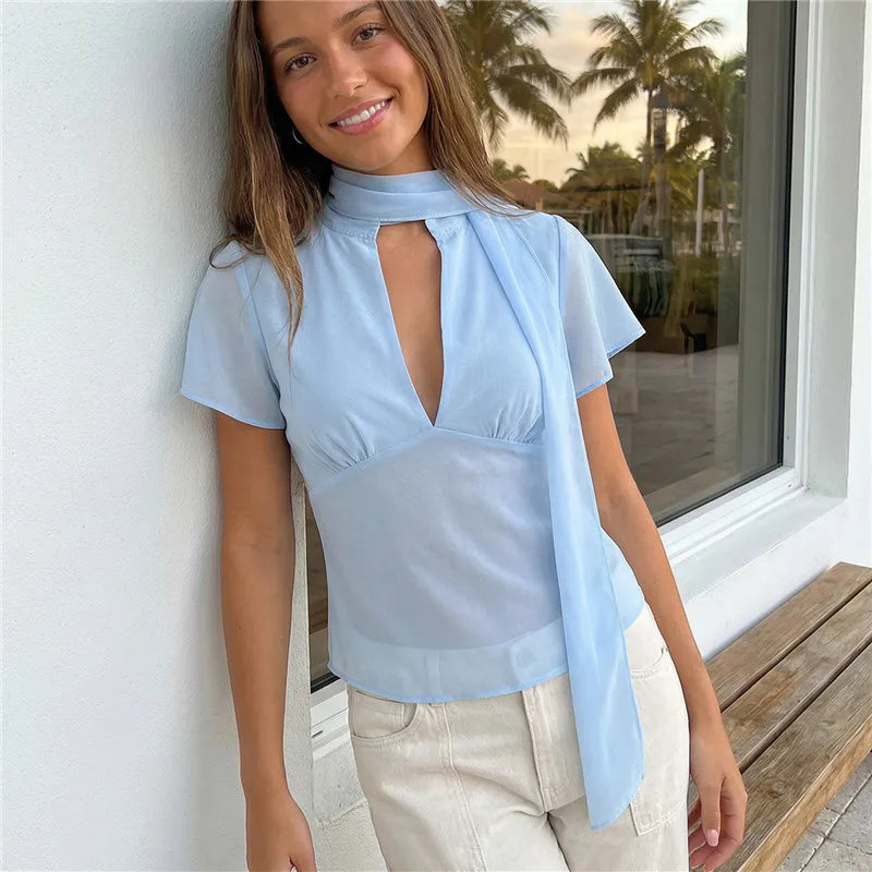 Y2K Women Mesh Sheer Blouse Short Flutter Sleeve Keyhole Neck Tie Scarf Collar Slim Fit Cropped Top Vintage Party Shirt