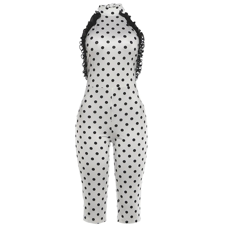 Mesh Patchwork Rompers Woman Polka Dot Print Halter Backless Sleeveless Skinny Peach Hip Midnight Club Party Playsuit