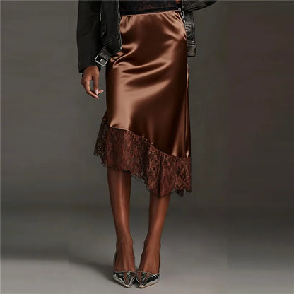 Women Lace Satin Midi Skirt Y2K Lace Trim Silk Half Slip Skirt High Waist A Line Long Underskirt Going Out Streetwear