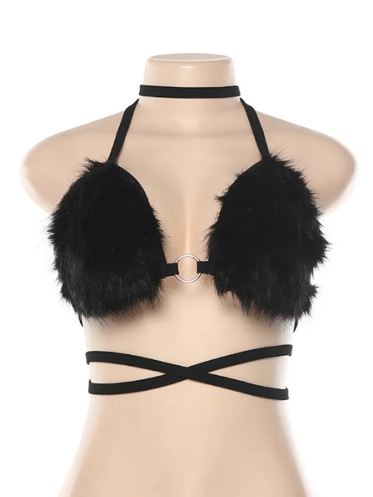 Fuzzy Pink Faux Fur Sexy Bralette Crop Top Rave Festival Halter Backless Bandage Summer Tops for Women