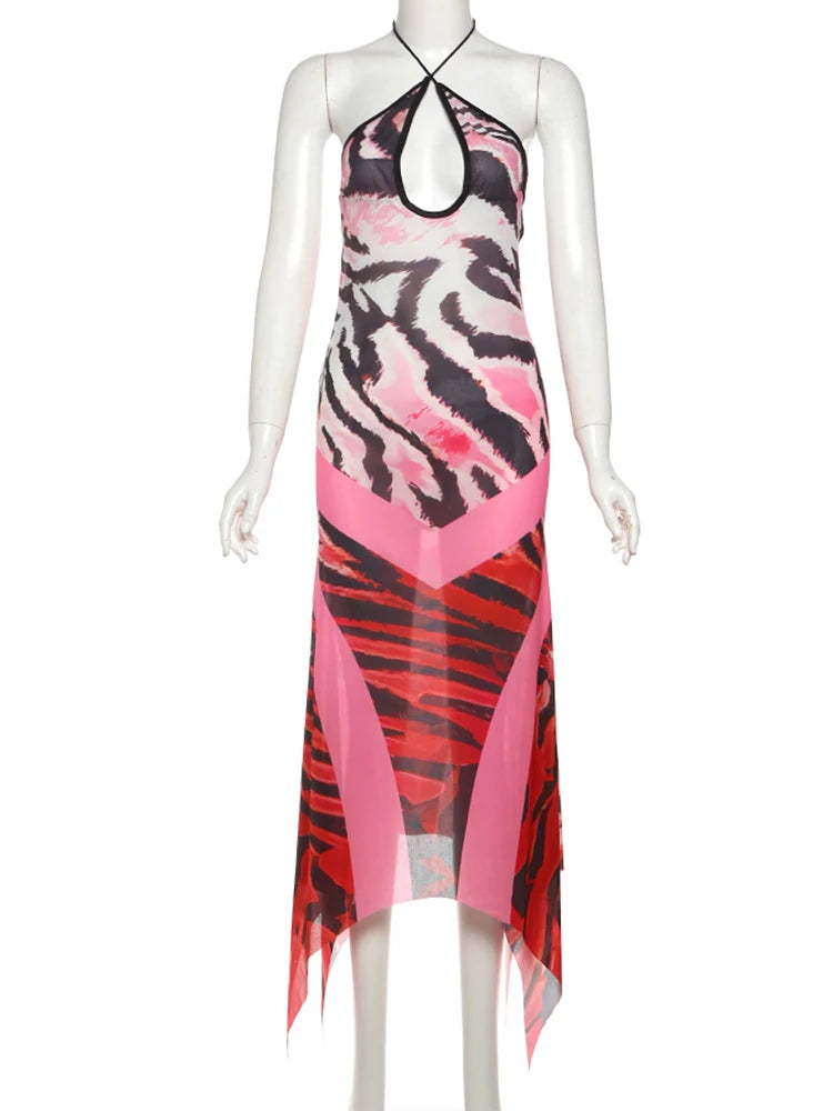 Backless Halter Dress Woman Summer Sexy Leopard-Print Chiffon Patchwork Trend Two-Way Wear Irregular-Hem Chic Bodycon